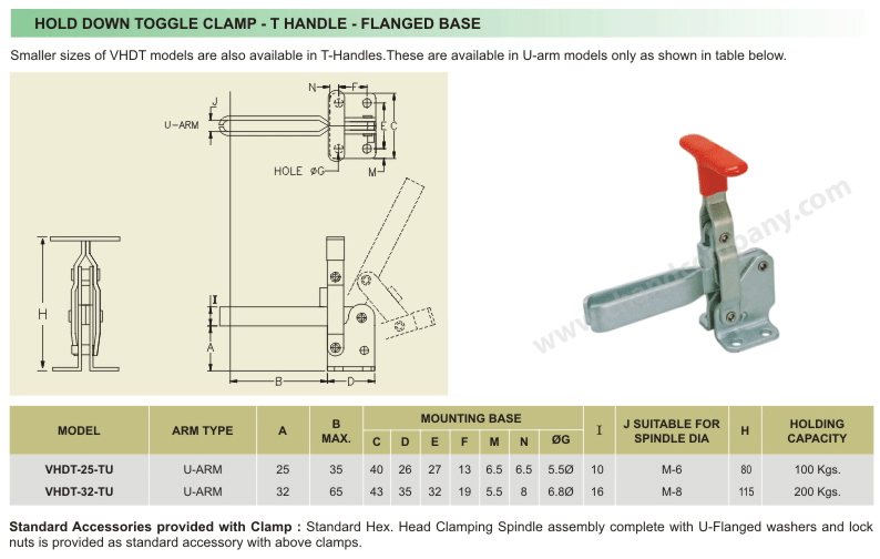 HOLD DOWN TOGGLE CLAMP - T HANDLE - FLANGED BASE