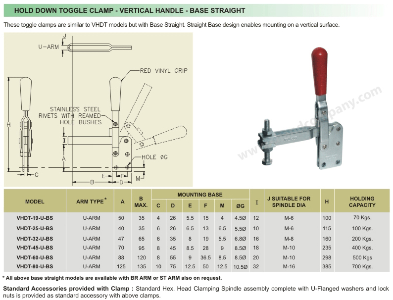 HOLD DOWN TOGGLE CLAMP - VERTICAL HANDLE - BASE STRAIGHT