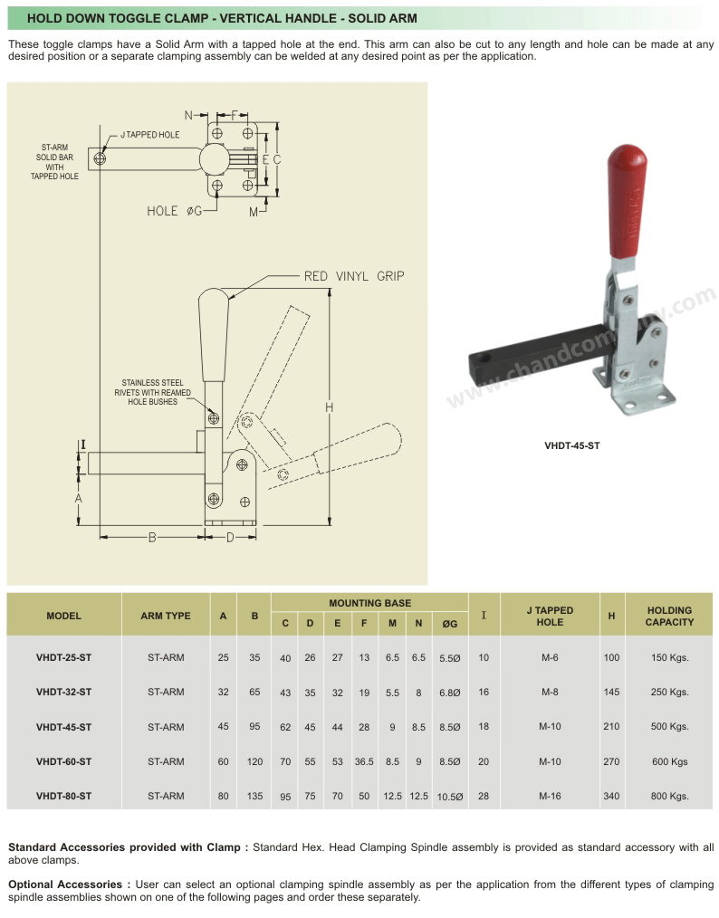 HOLD DOWN TOGGLE CLAMP - VERTICAL HANDLE - SOLID ARM